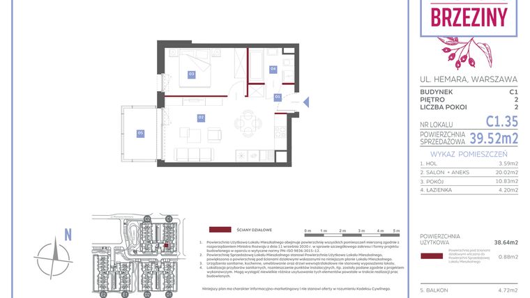 Rzut - Mieszkanie na sprzedaż 2 pokoje o powierzchni 39,52 m² - numer C1.35 w Miasteczko Brzeziny II