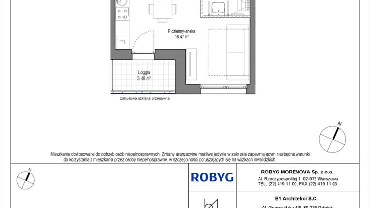 Rzut - Mieszkanie na sprzedaż 1 pokój o powierzchni 26,92 m² - numer C.3M03 w Leszczyńskich 2