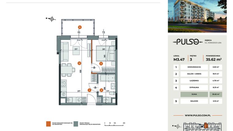 Rzut - Mieszkanie na sprzedaż 2 pokoje o powierzchni 35,62 m² - numer M3.47 w Pulso