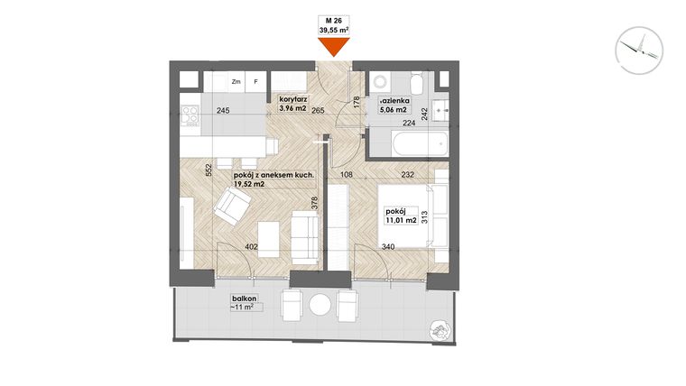 Rzut - Mieszkanie na sprzedaż 2 pokoje o powierzchni 39,55 m² - numer 26 w Apartamenty Śródmieście