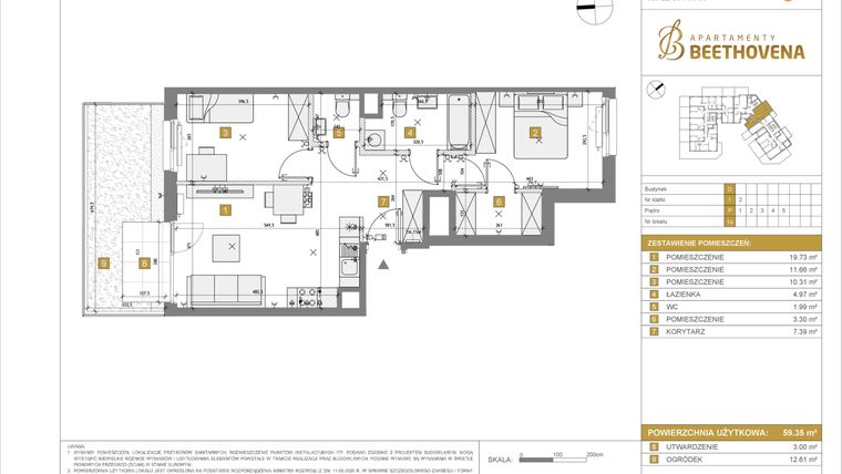 Rzut - Mieszkanie na sprzedaż 1 pokój o powierzchni 59,35 m² - numer D1 w Apartamenty Beethovena etap 2 - apartamenty inwestycyjne
