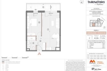 Rzut - Mieszkanie na sprzedaż 2 pokoje o powierzchni 45,31 m² - numer F2.B.01.04 w Bukowińska Mokotów etap 2