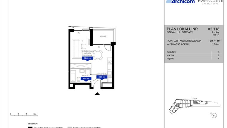 Rzut - Mieszkanie na sprzedaż 1 pokój o powierzchni 30,71 m² - numer A2.118 w Apartamenty Esencja II