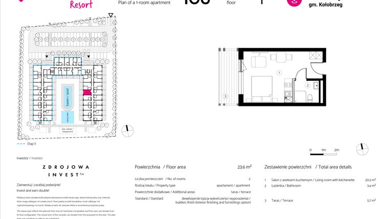 Rzut - Mieszkanie na sprzedaż 1 pokój o powierzchni 23,6 m² - numer 106 w VacationClub Resort