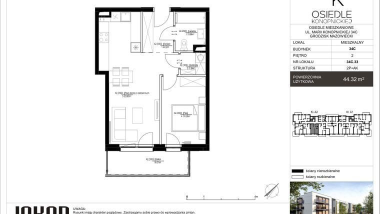 Rzut - Mieszkanie na sprzedaż 2 pokoje o powierzchni 44,32 m² - numer 34C.33 w Osiedle Konopnickiej