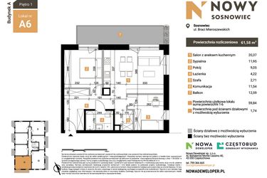 Rzut - Mieszkanie na sprzedaż 3 pokoje o powierzchni 61,58 m² - numer A6 w Nowy Sosnowiec
