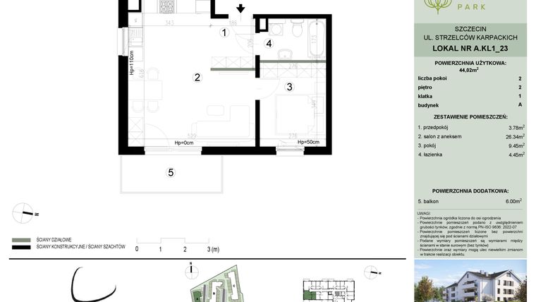 Rzut - Mieszkanie na sprzedaż 2 pokoje o powierzchni 44,02 m² - numer A.1.23 w Bukovo Park