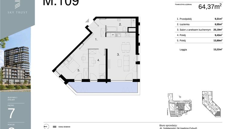 Rzut - Mieszkanie na sprzedaż 3 pokoje o powierzchni 64,37 m² - numer M109 w Sky Trust etap II