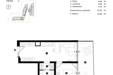 Rzut - Mieszkanie na sprzedaż 2 pokoje o powierzchni 37,67 m² - numer A.3.25 w Cisha Apartamenty Dziwnów