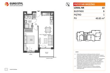 Rzut - Mieszkanie na sprzedaż 2 pokoje o powierzchni 40,85 m² - numer B13 w Przystań Brzeźno etap 1.2