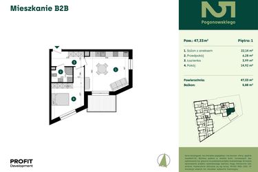 Rzut - Mieszkanie na sprzedaż 2 pokoje o powierzchni 47,33 m² - numer POGO2/B/2B w Pogonowskiego 52