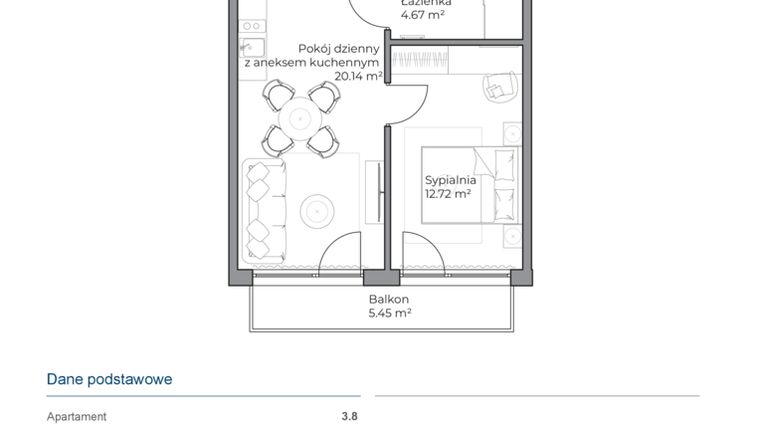 Rzut - Mieszkanie na sprzedaż 2 pokoje o powierzchni 37,59 m² - numer B.3.8 w Anchoria Holiday
