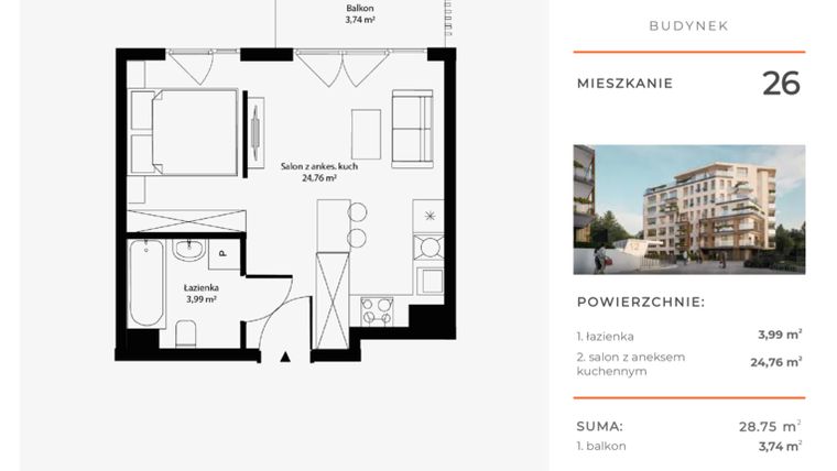 Rzut - Mieszkanie na sprzedaż 1 pokój o powierzchni 28,75 m² - numer 26 w Bytkowska 4.0