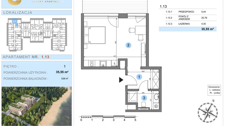 Rzut - Mieszkanie na sprzedaż 1 pokój o powierzchni 35,55 m² - numer 1.13 w Ustronie Luxury Apartments