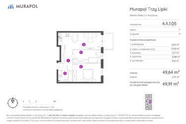 Rzut - Mieszkanie na sprzedaż 2 pokoje o powierzchni 49,91 m² - numer 4.A.1.05 w Murapol Trzy Lipki