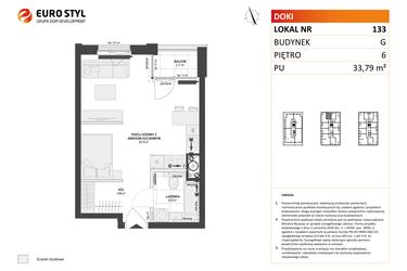 Rzut - Mieszkanie na sprzedaż 1 pokój o powierzchni 33,79 m² - numer G.133 w DOKI etap II (bud. G)
