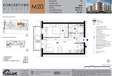 Rzut - Mieszkanie na sprzedaż 2 pokoje o powierzchni 43,7 m² - numer C1_M20 w Koncertowe Wzgórze etap II