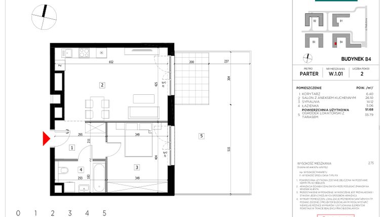 Rzut - Mieszkanie na sprzedaż 2 pokoje o powierzchni 51,68 m² - numer W.1.01 w CityFlow etap II