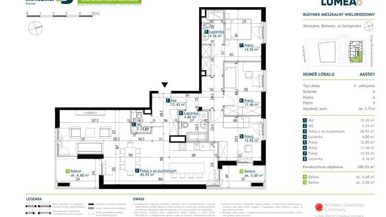Rzut - Mieszkanie na sprzedaż 4 pokoje o powierzchni 108,61 m² - numer AA0501 w Osiedle Lumea 6