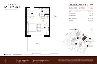 Rzut - Mieszkanie na sprzedaż 1 pokój o powierzchni 30,58 m² - numer C1.03 w Bulwar Izerski