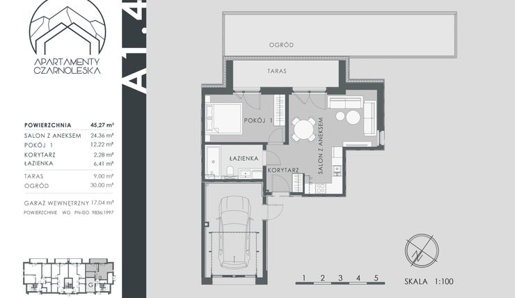 Rzut - Mieszkanie na sprzedaż 2 pokoje o powierzchni 45,27 m² - numer A1.4 w Apartamenty Czarnoleska