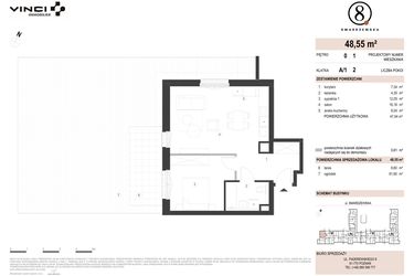 Rzut - Mieszkanie na sprzedaż 2 pokoje o powierzchni 48,55 m² - numer A/1/0.1 w Smardzewska 8
