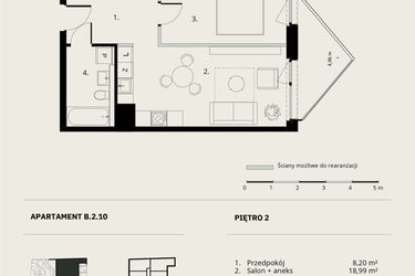 Rzut - Mieszkanie na sprzedaż 2 pokoje o powierzchni 43,84 m² - numer B/2/10 w Ogrodowa 12