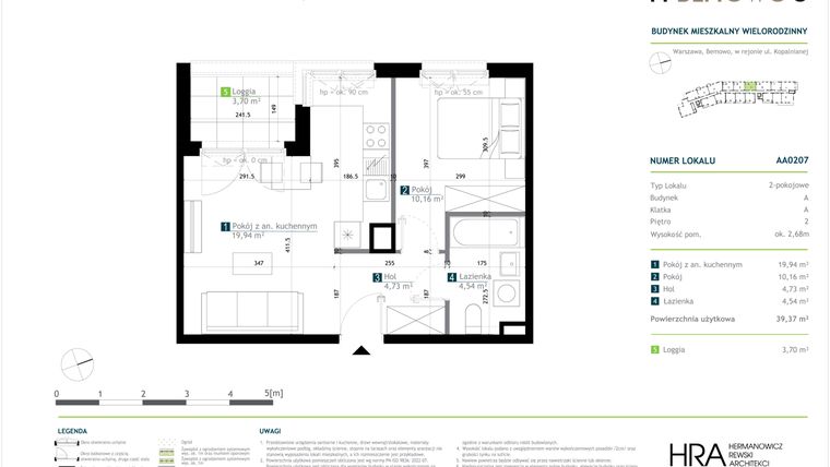Rzut - Mieszkanie na sprzedaż 2 pokoje o powierzchni 39,37 m² - numer AA0207 w M Bemowo