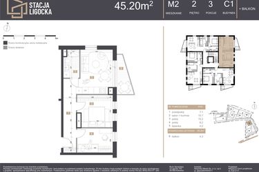 Rzut - Mieszkanie na sprzedaż 3 pokoje o powierzchni 45,2 m² - numer C1_M2 w Stacja Ligocka