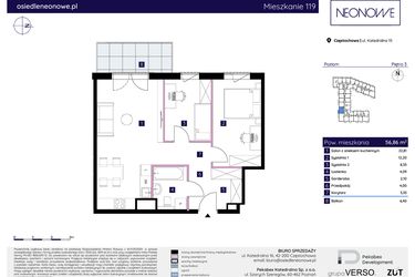 Rzut - Mieszkanie na sprzedaż 3 pokoje o powierzchni 56,86 m² - numer 15/119 w Osiedle Neonowe