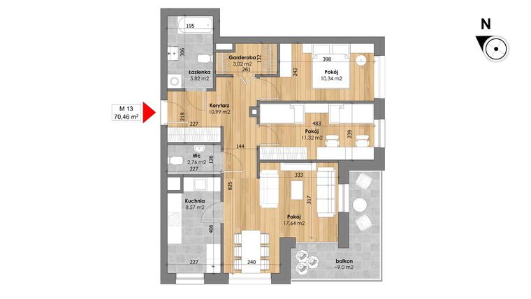 Rzut - Mieszkanie na sprzedaż 3 pokoje o powierzchni 70,46 m² - numer M13 w Przy Kochanowskiego