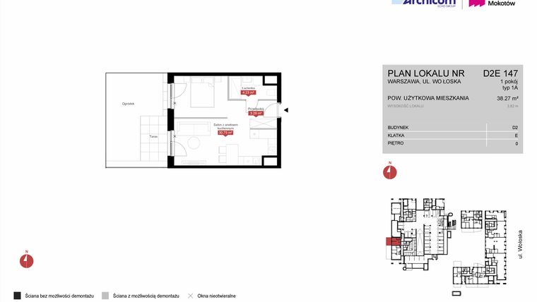 Rzut - Mieszkanie na sprzedaż 1 pokój o powierzchni 38,27 m² - numer D2E 147 w Modern Mokotów etap 4, budynek D1 i D2