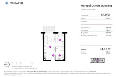 Rzut - Mieszkanie na sprzedaż 2 pokoje o powierzchni 34,47 m² - numer 1.A.0.01 w Murapol Osiedle Dynamiq