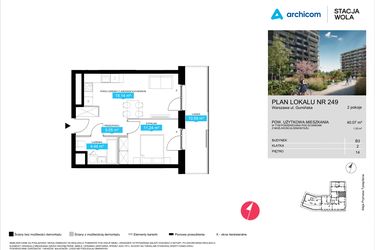 Rzut - Mieszkanie na sprzedaż 2 pokoje o powierzchni 40,07 m² - numer B3.249 w Stacja Wola - Etap III
