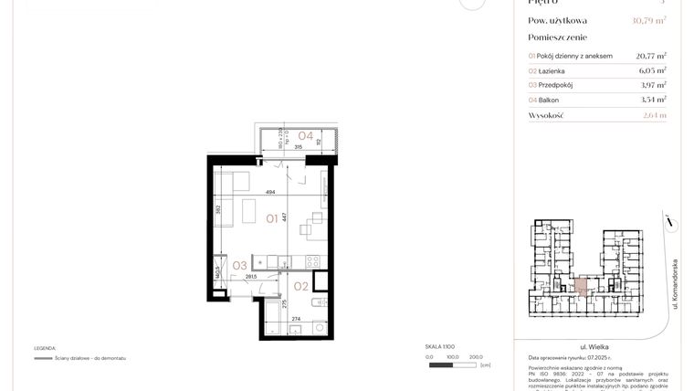 Rzut - Mieszkanie na sprzedaż 1 pokój o powierzchni 30,79 m² - numer A/3/02 w Wielka 16