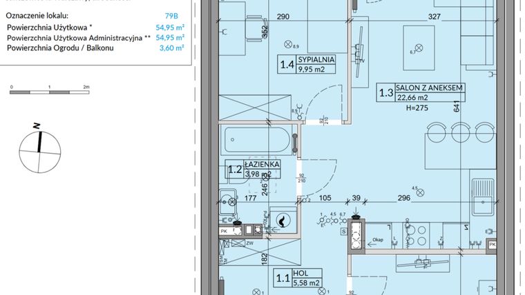 Rzut - Mieszkanie na sprzedaż 3 pokoje o powierzchni 54,95 m² - numer 79B w Osiedle Młodych etap VII