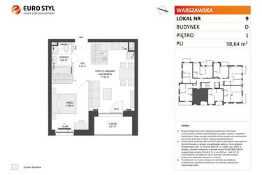 Rzut - Mieszkanie na sprzedaż 2 pokoje o powierzchni 38,64 m² - numer D.9 w Osiedle Warszawska etap II