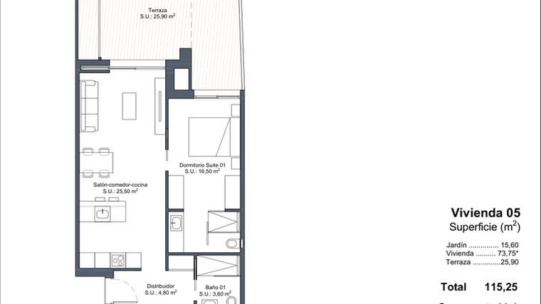 Rzut - Dom na sprzedaż 2 pokoje o powierzchni 115,25 m² - numer 0-5 w Domy w Ciudad Quesada - 18228363
