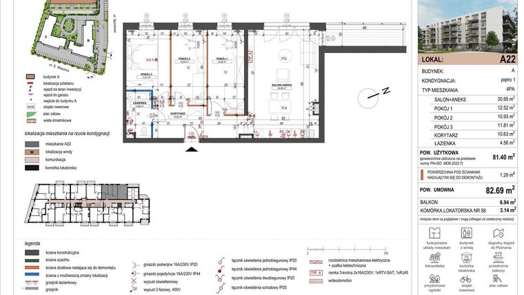 Rzut - Mieszkanie na sprzedaż 4 pokoje o powierzchni 81,4 m² - numer A22 w ulica Staszica bud. A