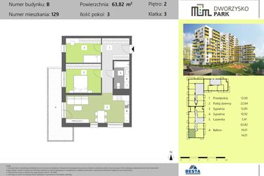 Rzut - Mieszkanie na sprzedaż 3 pokoje o powierzchni 63,82 m² - numer 129 w Dworzysko Park - Etap II