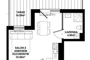 Rzut - Mieszkanie na sprzedaż 1 pokój o powierzchni 28,73 m² - numer B/404 w Apartamenty Bałtyk
