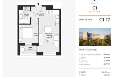 Rzut - Mieszkanie na sprzedaż 2 pokoje o powierzchni 34,81 m² - numer G1-17 w Piasta Park VI