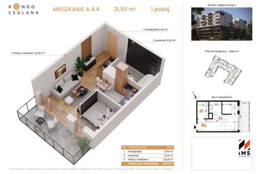 Rzut - Mieszkanie na sprzedaż 1 pokój o powierzchni 31,55 m² - numer A.4.4 w Rondo Ceglana etap II