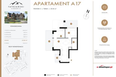 Rzut - Mieszkanie na sprzedaż 3 pokoje o powierzchni 47,55 m² - numer A17 w Tatrzański Resort