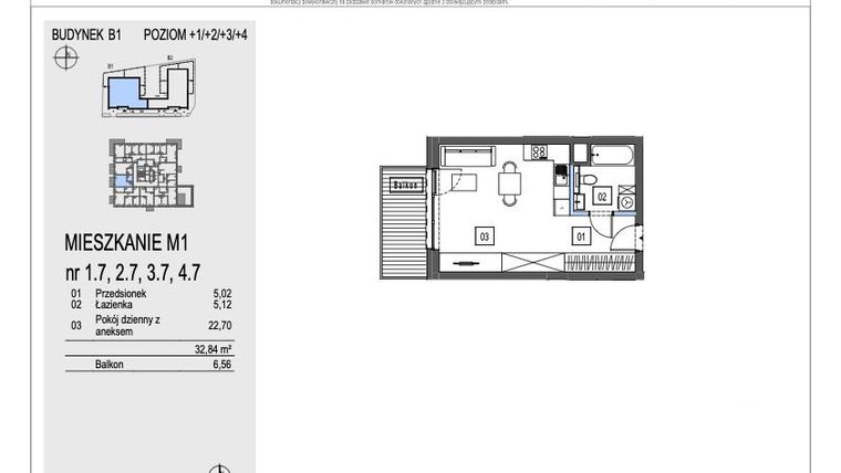 Rzut - Mieszkanie na sprzedaż 1 pokój o powierzchni 32,84 m² - numer B1.2.7 w Chryzantemovo