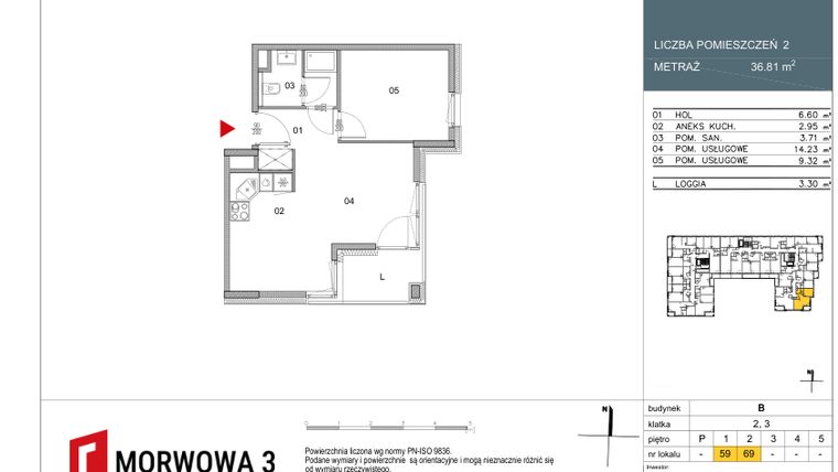 Rzut - Mieszkanie na sprzedaż 2 pokoje o powierzchni 36,81 m² - numer 59 w Morwowa 3 - Apartamenty Inwestycyjne
