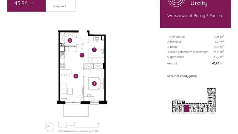 Rzut - Mieszkanie na sprzedaż 2 pokoje o powierzchni 43,86 m² - numer 1.B.5.03 w Murapol Urcity