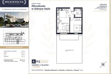 Rzut - Mieszkanie na sprzedaż 2 pokoje o powierzchni 40,41 m² - numer A3 w Mickiewicza