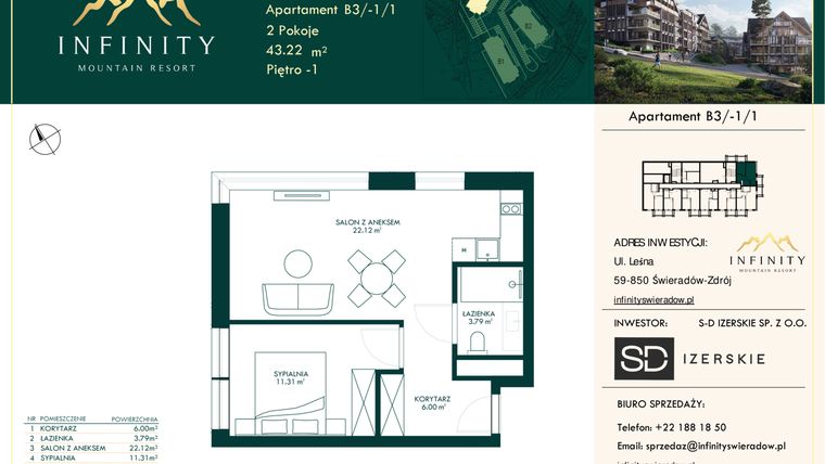 Rzut - Mieszkanie na sprzedaż 2 pokoje o powierzchni 43,22 m² - numer B3.-1.1 w Infinity Mountain Resort
