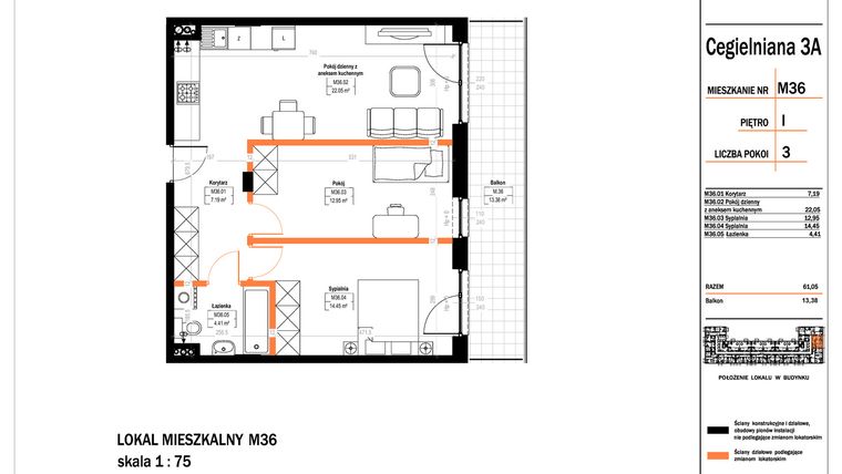 Rzut - Mieszkanie na sprzedaż 3 pokoje o powierzchni 61,05 m² - numer 36 w Osiedle StaLove etap II